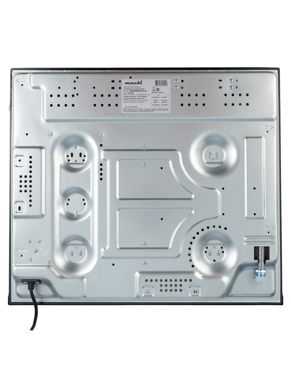 Газовая варочная панель шириной 60 см, Macbi MBH64WFGI.V2-BL Чернаяс Wok-конфоркой, Черное закаленное стекло, Электроподжиг, Газ-контроль, Решетки из чугуна