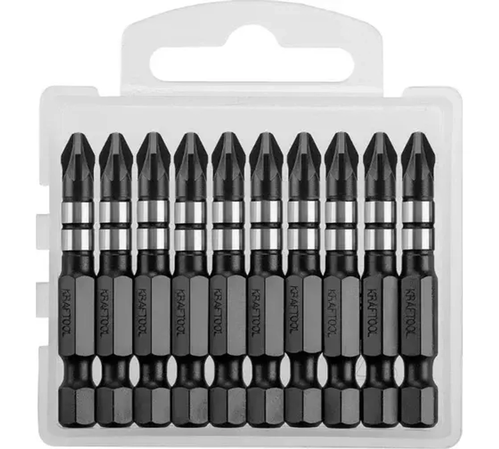 Биты KRAFTOOL lmpakt Pro,pozidriv,типхвостовика 1/4, PZ2, 50мм 10шт, в пластиковом боксе