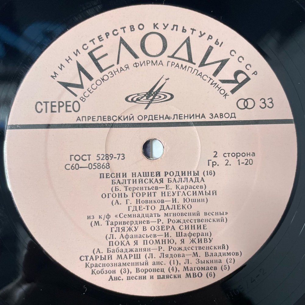 Винтажная виниловая пластинка LP Сборник Песни Нашей Родины Пластинка 16 (СССР 1975) (Магомаев, Анна Герман, Л. Зыкина и др)