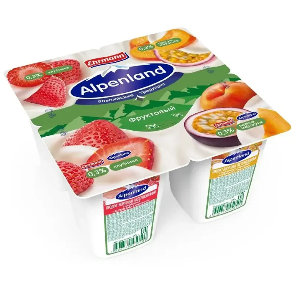 Йогурт Альпенланд 0,3% 4х95г.Клубника/Персик-Маракуя, шт