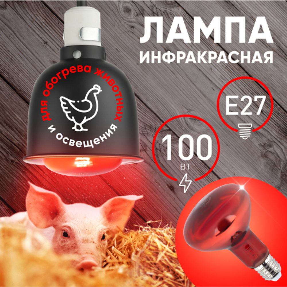 Термоизлучатель инфракрасный зеркальный ЭРА ИКЗК 230-100 R95 для обогрева животных и освещения 100 Вт Е27 | Инфракрасные лампы