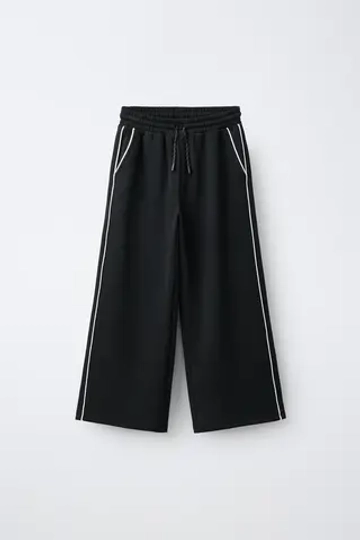 ZARA СПОРТИВНЫЕ БРЮКИ WIDE LEG С КОНТРАСТНЫМИ ДЕТАЛЯМИ, ЧЕРНЫЙ