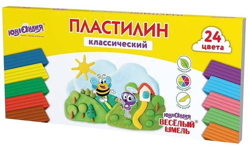 Пластилин классический 24 цвета 480г,со стеком "ВЕСЁЛЫЙ ШМЕЛЬ"(ЮНЛАНДИЯ)
