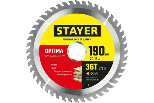 Пильный диск по дереву STAYER Optima 190x20/16 мм, 36Т, оптимальный рез 3681-190-20-36_z01
