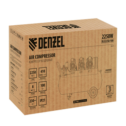 Компрессор безмасляный, малошумный DLS 2250/100, 2250 Вт, 3x750, 100 л, 410 л/мин блок управления/ Denzel