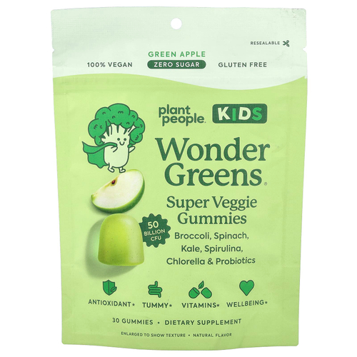 Plant People, Kids WonderGreens®, супервегетарианские жевательные таблетки, со вкусом зеленого яблока, 30 жевательных таблеток