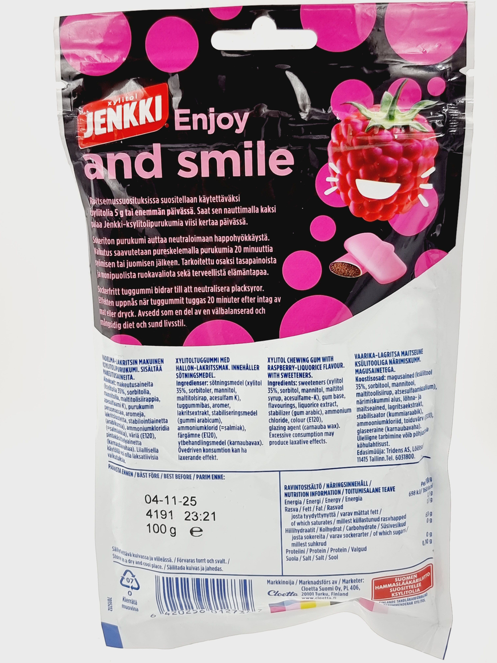 Жевательная резинка Jenkki Professional Малина-Лакрица с ксилитом 100 г (из Финляндии)