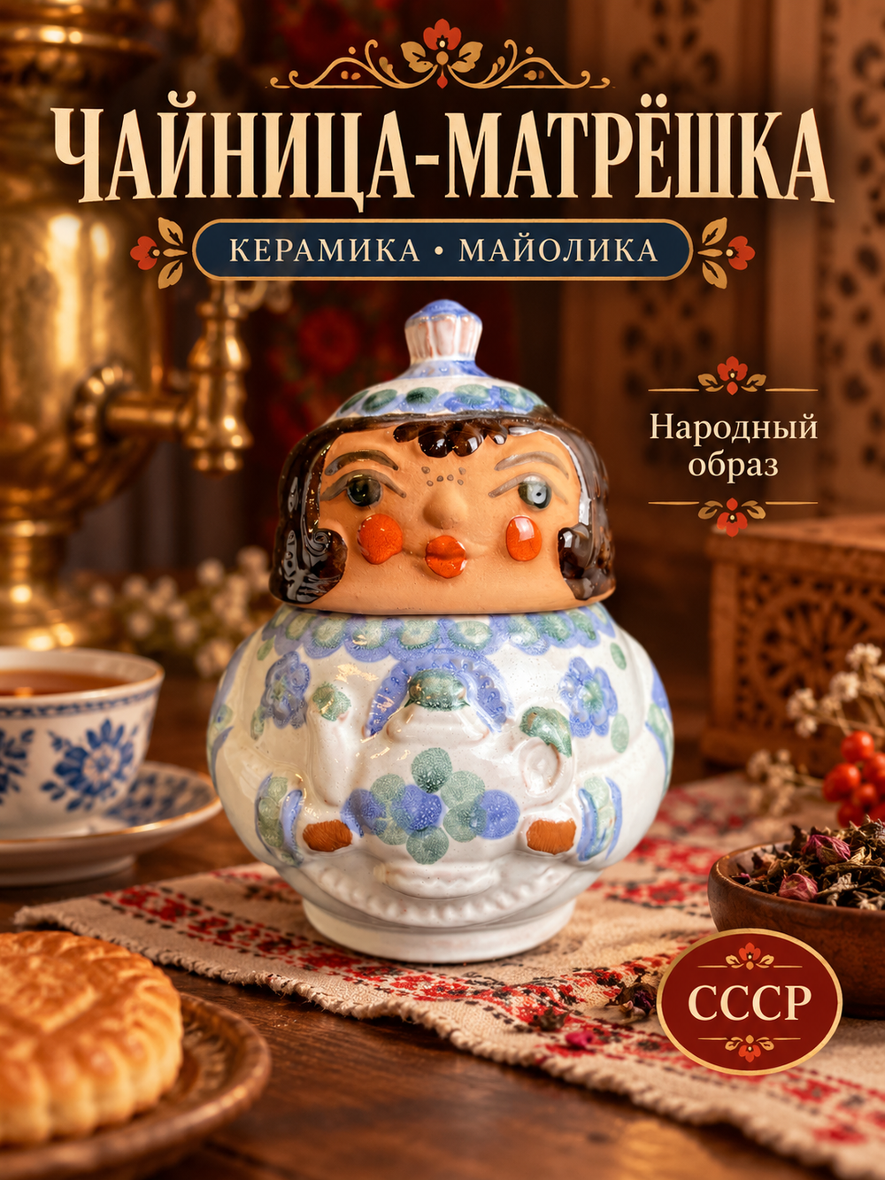 Чайница Баба с чайником матрёшка. Керамика майолика. СССР