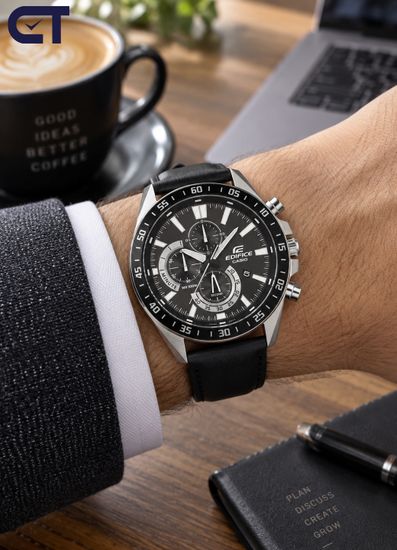 CASIO EFV-620L-1AVUDF EDIFICE мужские наручные часы — хронограф на кожаном ремешке с черным циферблатом