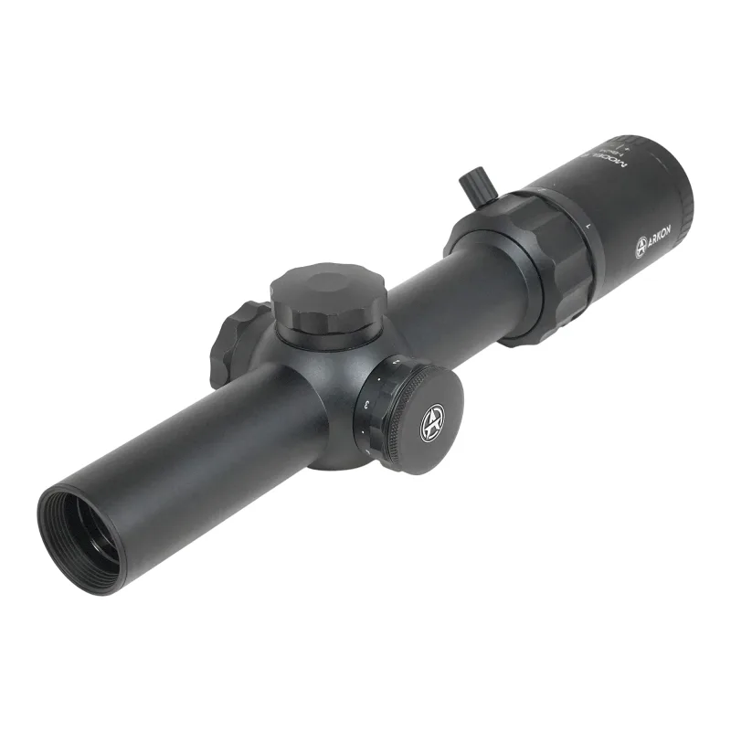 Оптический прицел ARKON Model B 1-8x24 / Аркон Модель Б 1 8 на 24 - вид спереди сбоку, объектив и маховики ввода поправок