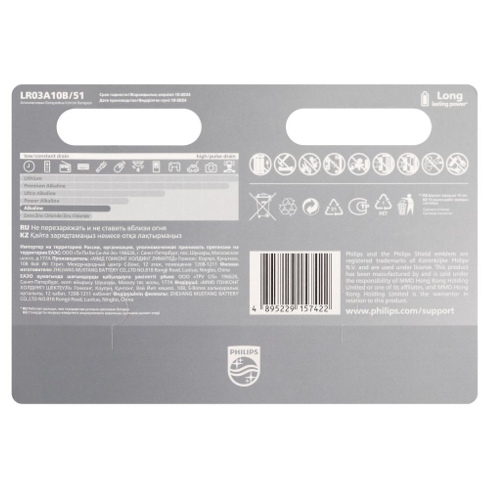 Батарейки Philips LR03A10B/51 ААА алкалиновые 1,5v 10 шт. LR03-10BL Entry | Philips