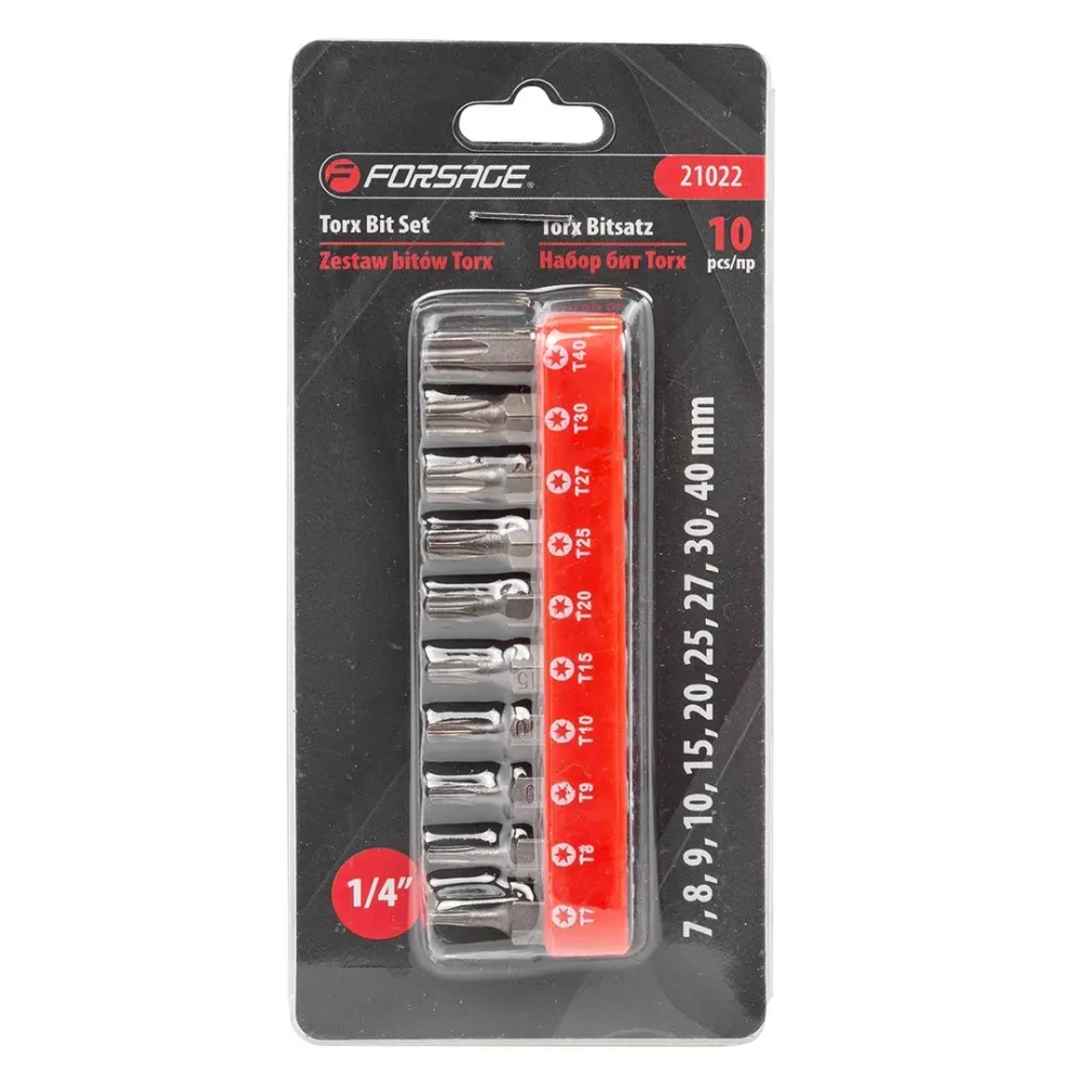 Набор бит TORX 10пр. 1/4''(T 7,8,9,10,15,20,25,27,30,40-25мм),в блистере Forsage F-21022
