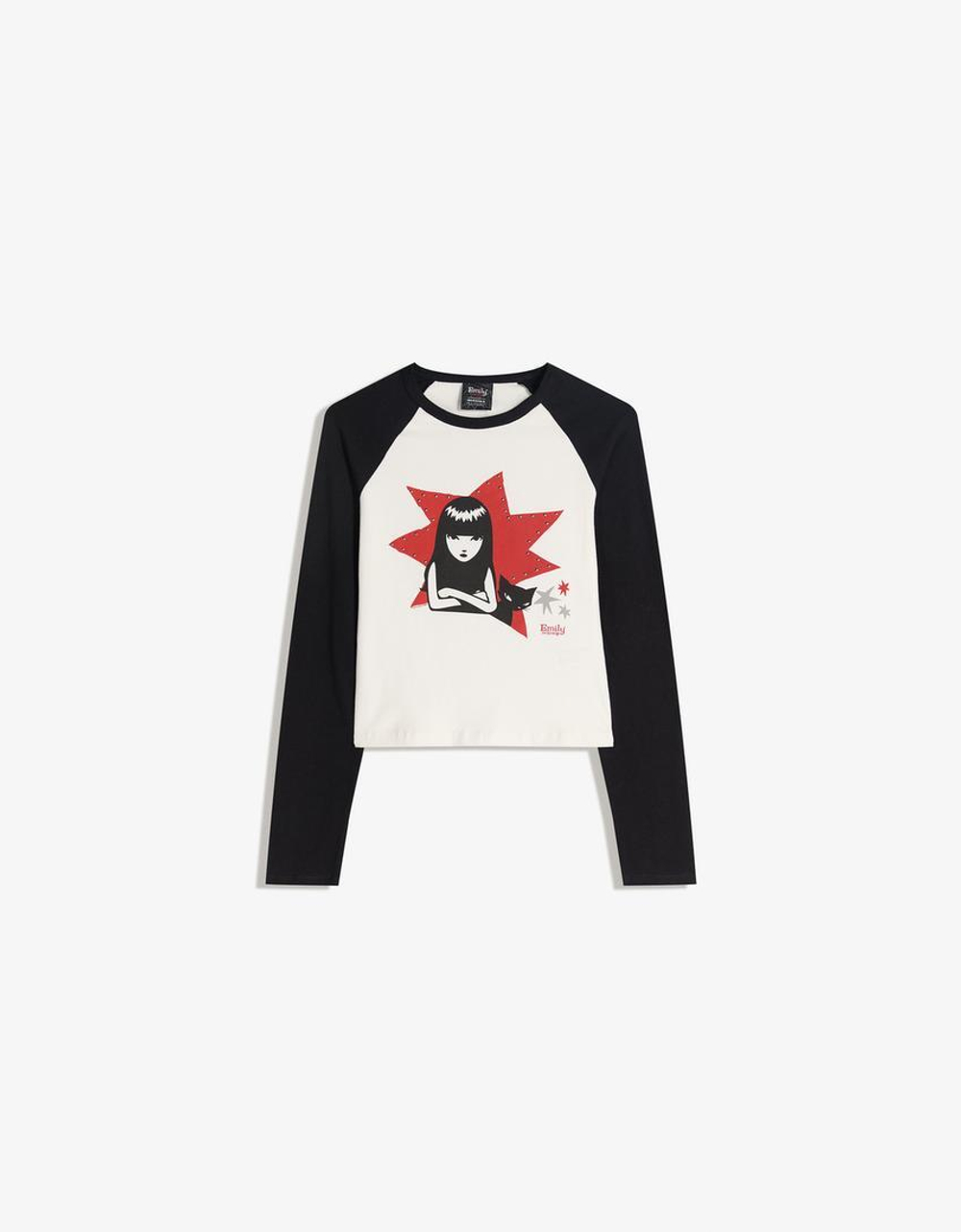 BERSHKA Футболка с длинным рукавом и принтом Emily the Strange, белый/черный