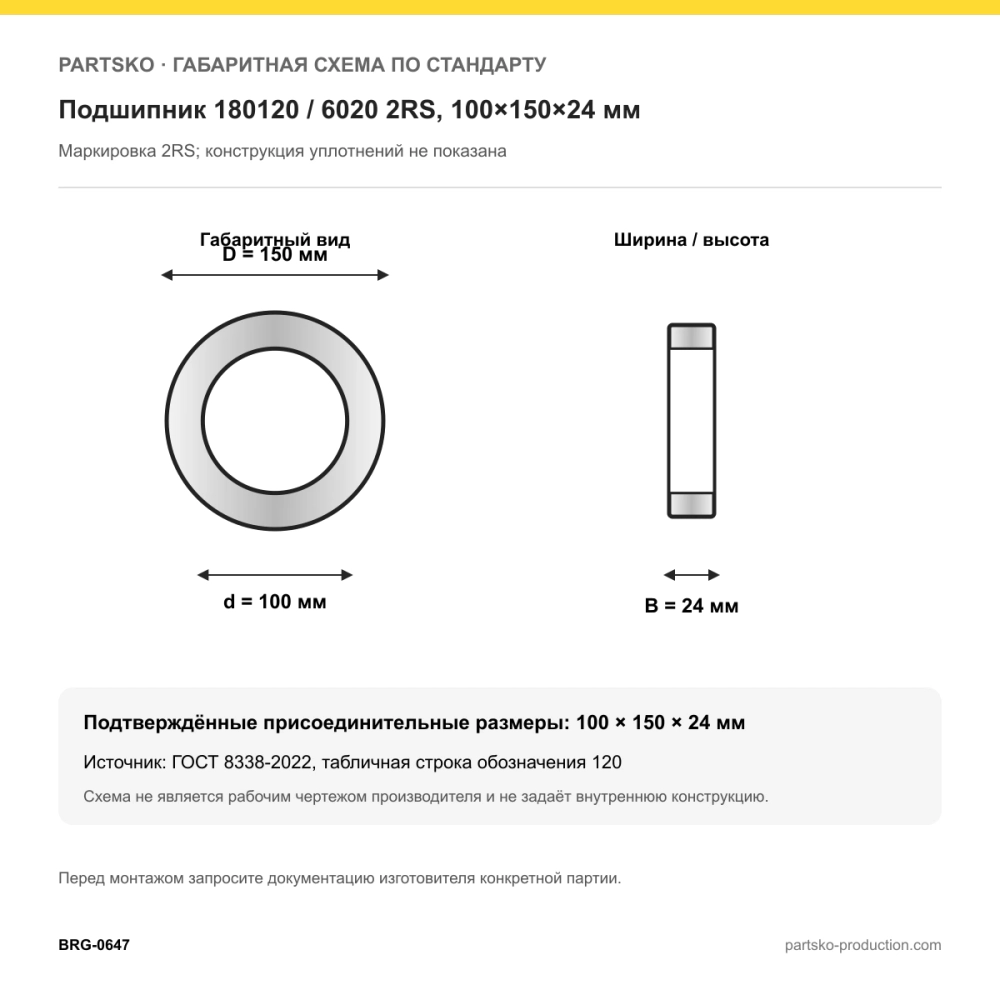 Габаритная схема Подшипник 180120 / 6020 2RS, 100×150×24 мм, APP-GROUP: 100×150×24 мм по ГОСТ 8338-2022