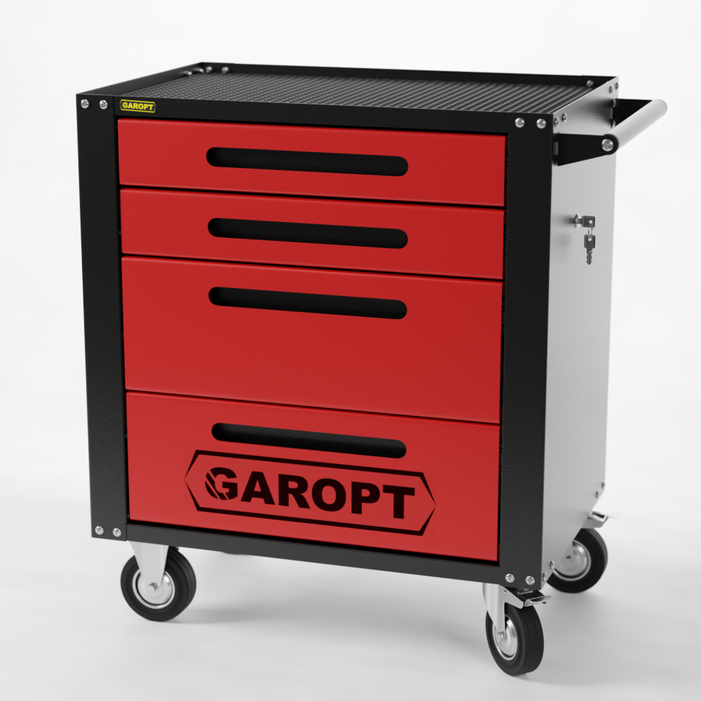 GTS4.red Тележка инструментальная Garopt 4 ящиков КРАСНАЯ, центральный замок, увеличенные колеса, доводчики, GAROPT  Серия "Standart"