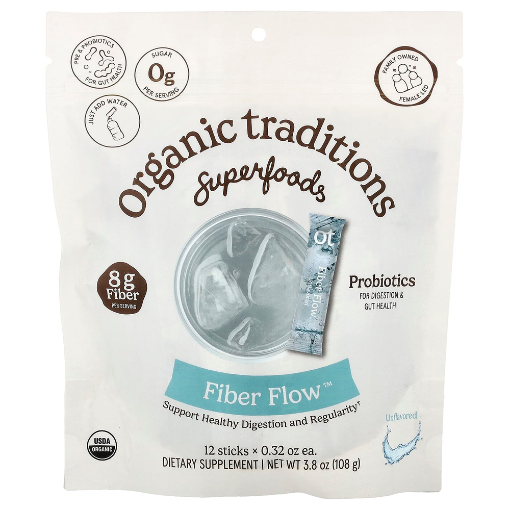 Organic Traditions, Fiber Flow™, без добавок, 12 стиков по 9 г (0,32 унции)