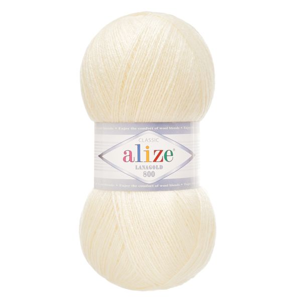 Пряжа Alize (Ализе) Lana Gold 800 / уп.5 мот. по 100 г, 800м, 001 кремовый A