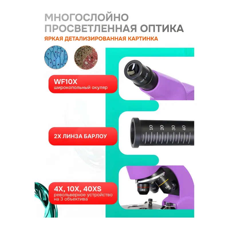 Микроскоп Levenhuk Rainbow 50L Amethyst\Аметист - детали оптики: окуляр, линза Барлоу и объективы