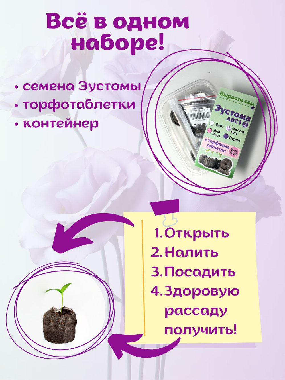 Семена Эустома низкорослая Фиолетовая, Лизиантус Флорида блю низкий + торфяные таблетки Jiffy, 5шт, набор для выращивания