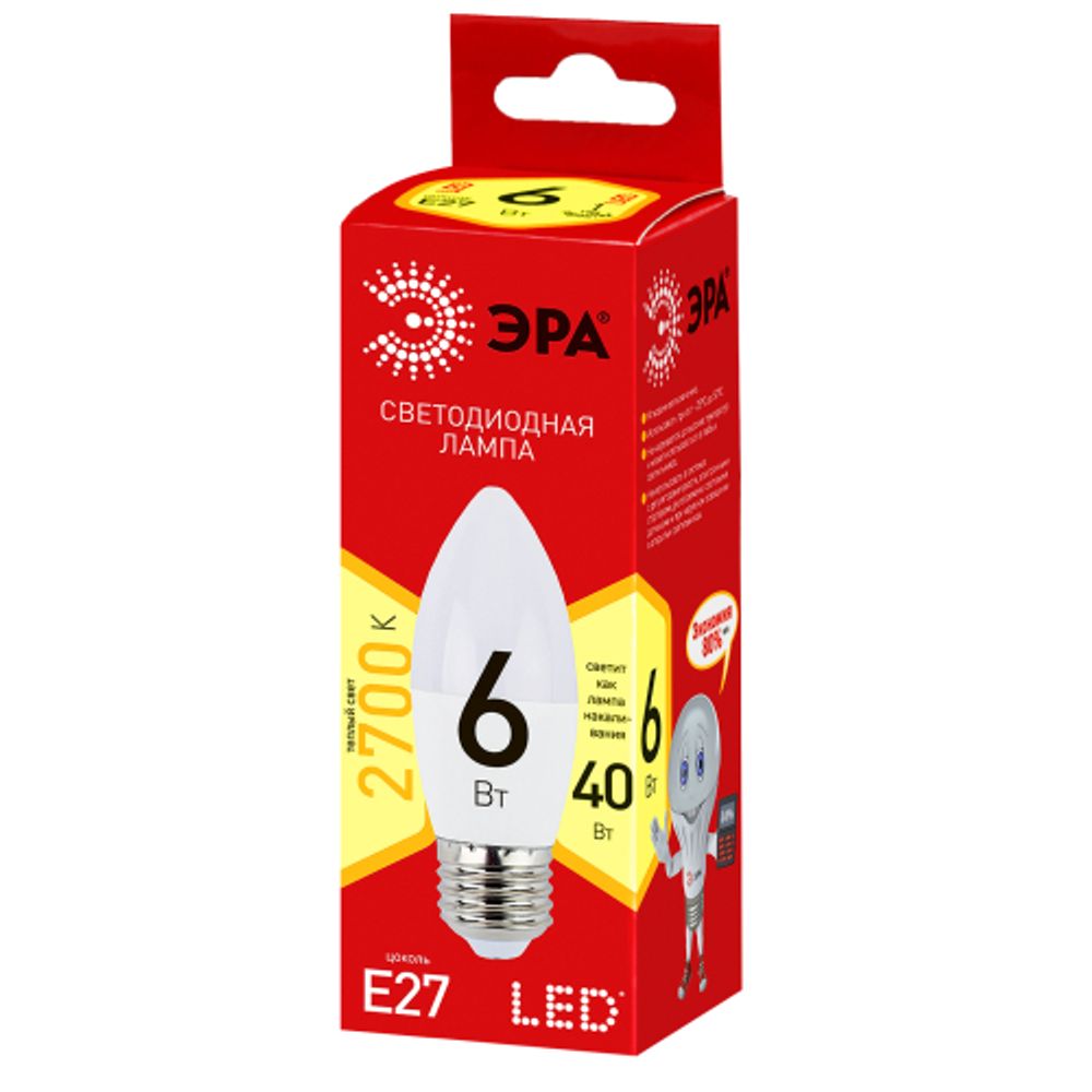 Лампа светодиодная ЭРА RED LINE ECO LED B35-6W-827-E27 6Вт свеча теплый белый свет Е27 | Лампы cветодиодные Свеча (B/C)