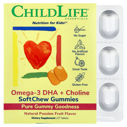 ChildLife Essentials, Essentials, омега-3 с ДГК и холином, жевательные таблетки SoftChew Gummies, со вкусом маракуйи, 27 таблеток
