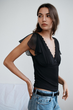 ZARA КОМБИНИРОВАННЫЙ КРУЖЕВНОЙ ТОП, ЧЕРНЫЙ