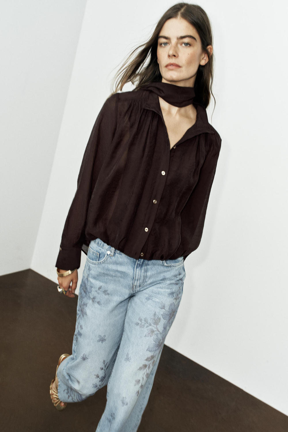 ZARA РУБАШКА С ШАРФОМ, КОРИЧНЕВЫЙ