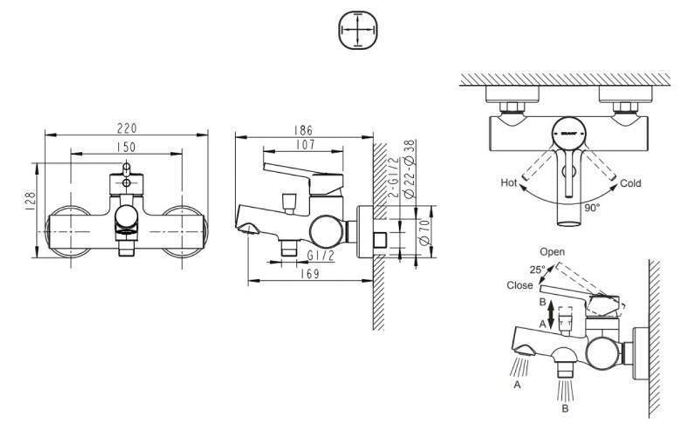 СМЕСИТЕЛЬ ДЛЯ ВАННЫ С КОРОТКИМ ИЗЛИВОМ BRAVAT PALACE F6172217CP-01-RUS