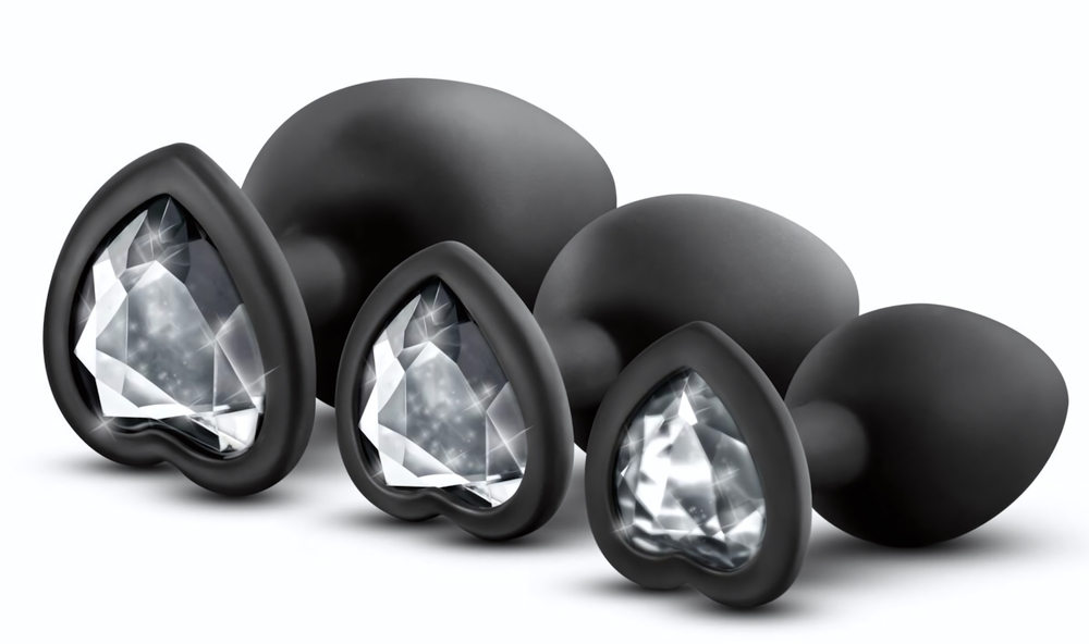 Набор из 3 черных пробок с прозрачным кристаллом-сердечком Bling Plugs Training Kit (Цвет: черный)