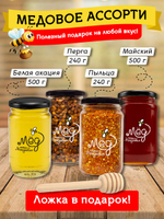 Подарочный набор мёда с ложкой (майский, 500 г; белая акация, 500 г; перга, 200 г; пыльца, 200 г)