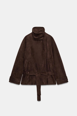 ZARA КУРТКА С РЕМНЕМ ИЗ ИСКУССТВЕННОЙ ЗАМШИ, КОРИЧНЕВЫЙ