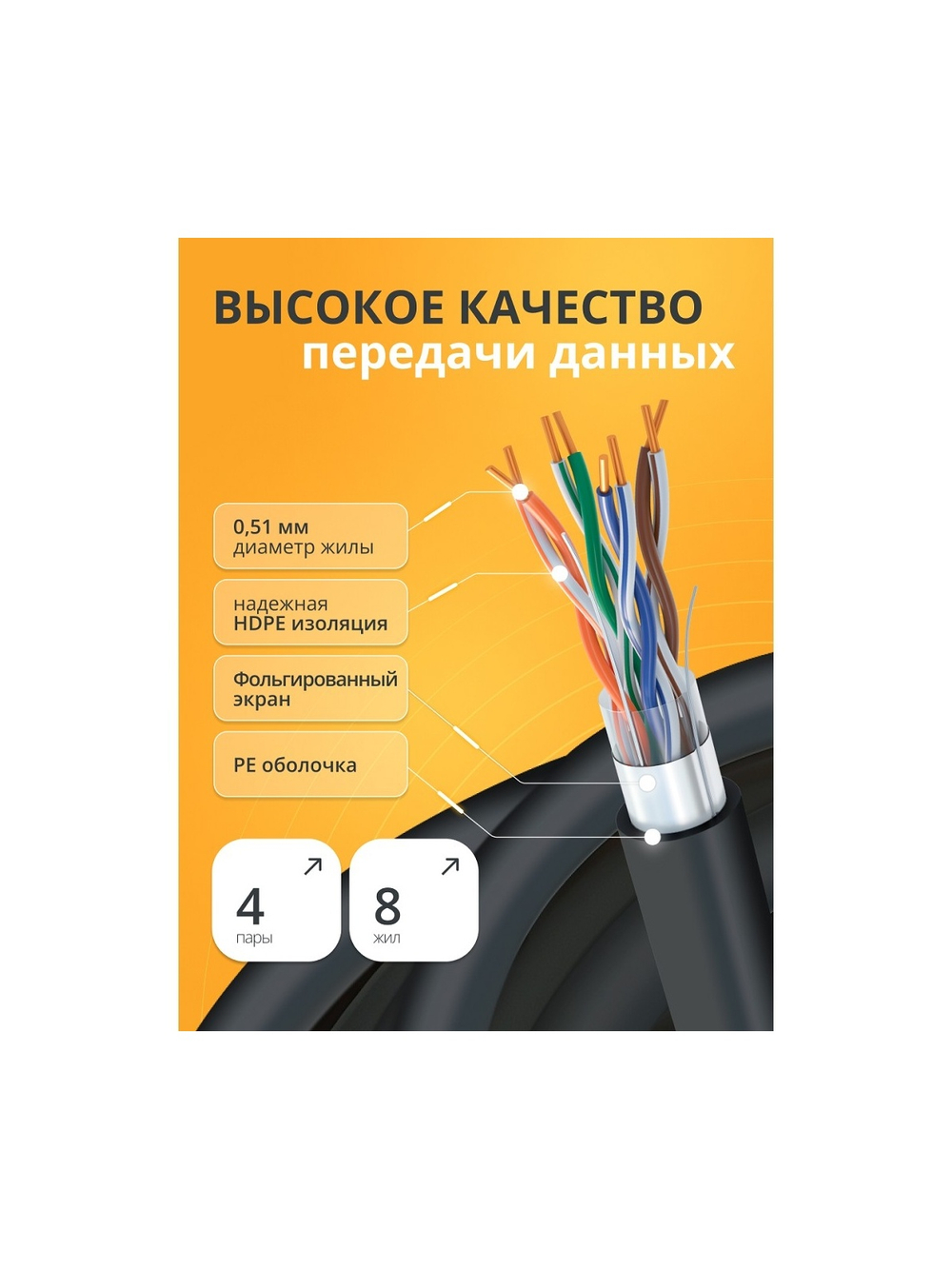Кабель витая пара Bion BCL-F5510-381 F/UTP, кат.5e, 4x2x0,51 мм AWG 24, медь, одножильный, PE, для внешней прокладки, 305м, черный