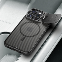 Чехол прозрачный тонированный (Transparent Black) от Nillkin с металлической крышкой и MagSafe на iPhone 16 Pro, серия CamShield Prop Magnetic Case