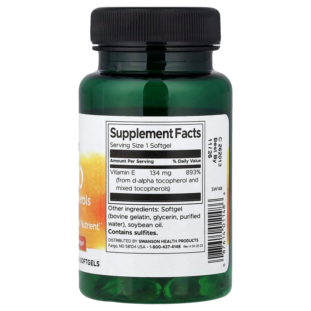 Swanson Vitamins, витамин E, смешанные токоферолы, 134 мг (200 МЕ), 100 мягких таблеток