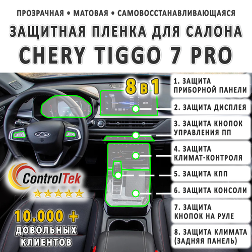 Chery Tiggo 7 Pro (2020) - комплект защитных матовых пленок 8 в 1. Пленка защитная ControlTek HYBRID со слоем TOP COAT. Толщина: 6 mil. (175 мкм.)