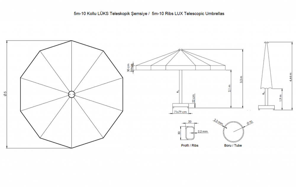 Зонт профессиональный Ø5 м Theumbrela Semsiye Evi Lux Telescopic, бежевый