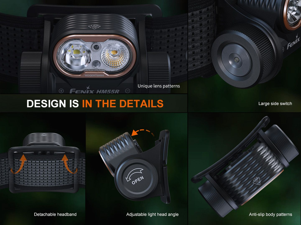Налобный фонарь Fenix HM55R фиолетовый, 1200 люмен, 175 метров, до 140 часов, USB Type-C, дальний/бл