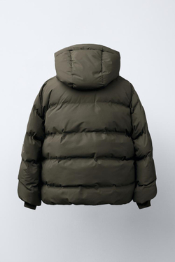 ZARA СТЕГАНЫЙ ПУХОВИК С НАШИВКОЙ WATER REPELLENT, СЕРОВАТО-КОРИЧНЕВЫЙ