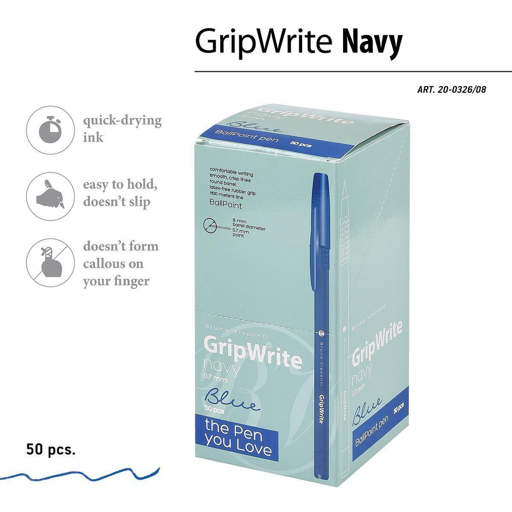 Ручка "GripWrite Navy" шариковая 0.7 мм, синяя (Bruno Visconti)