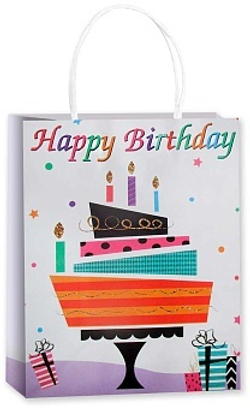 Пакет подарочный, Крафт, Happy Birthday, Дизайн №4, 33*25,5*12,5 см.