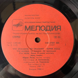 Винтажная виниловая пластинка LP Юрий Лоза, Что Сказано, То Сказано (СССР 1988) Одиночество