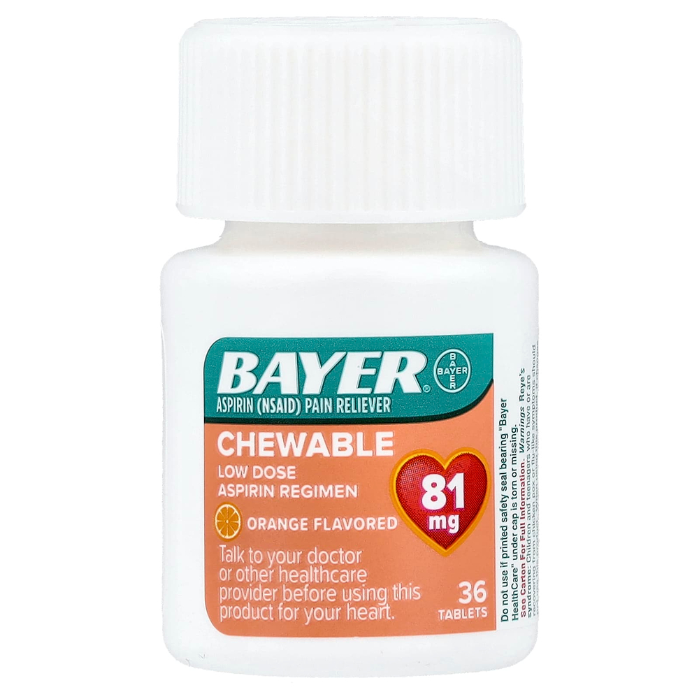 Bayer, Жевательные таблетки с низкой дозой аспирина, апельсин, 81 мг, 36 таблеток