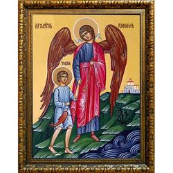 Архангел Рафаил сопровождает Товию. Икона на холсте.