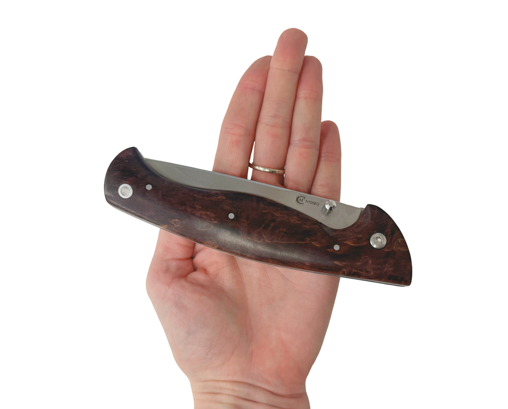Нож складной Сибиряк, кованая сталь М390, рукоять карельская берёза