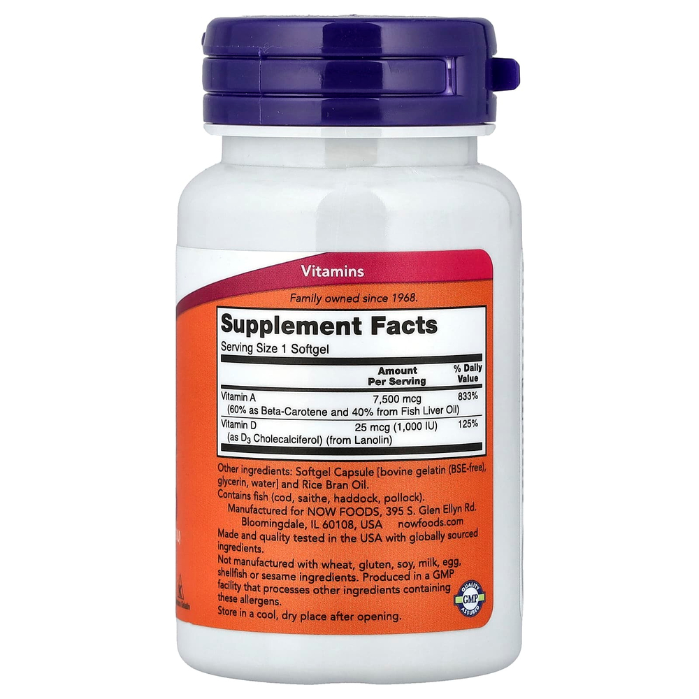 NOW Foods, ультра-добавка, витамины A и D3, 100 капсул