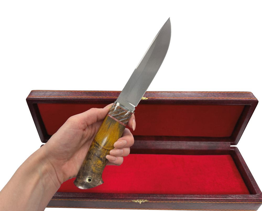 Нож Тигр, Bohler S390, мельхиор, зуб мамонта, карельская береза