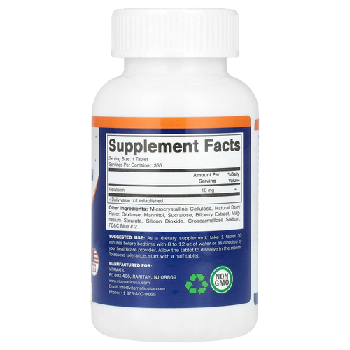 Vitamatic, Мелатонин, ягоды, 10 мг, 365 быстрорастворимых таблеток