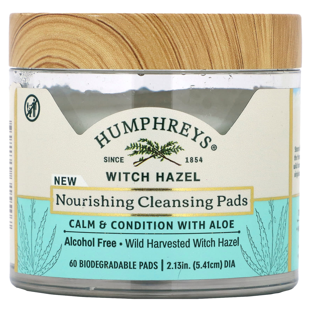 Humphreys, Witch Hazel, питательные очищающие салфетки, без спирта, 60 биоразлагаемых салфеток