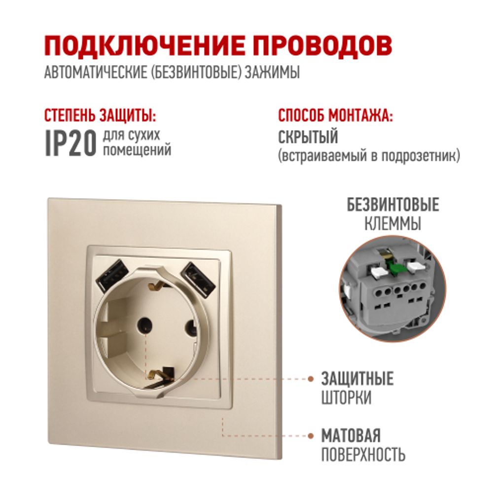 Розетка ЭРА Elegance 14-4109-04 2P+E 16A-250В штор. с 2xUSB 5В-3А шампань | Эра Elegance