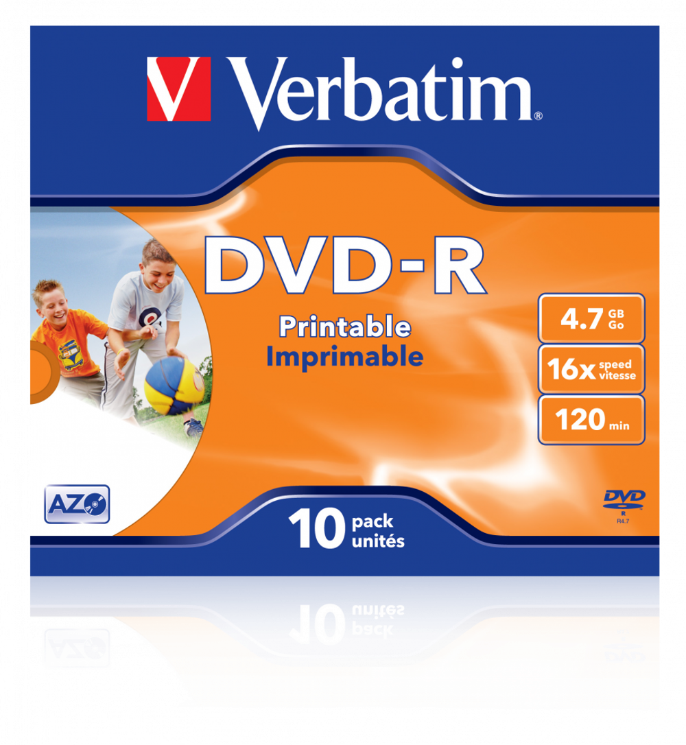 Оптический диск Verbatim DVD-R 4.7GB 16X AZO Wide Inkjet Printable ID Brand, Slim Case, 10 шт